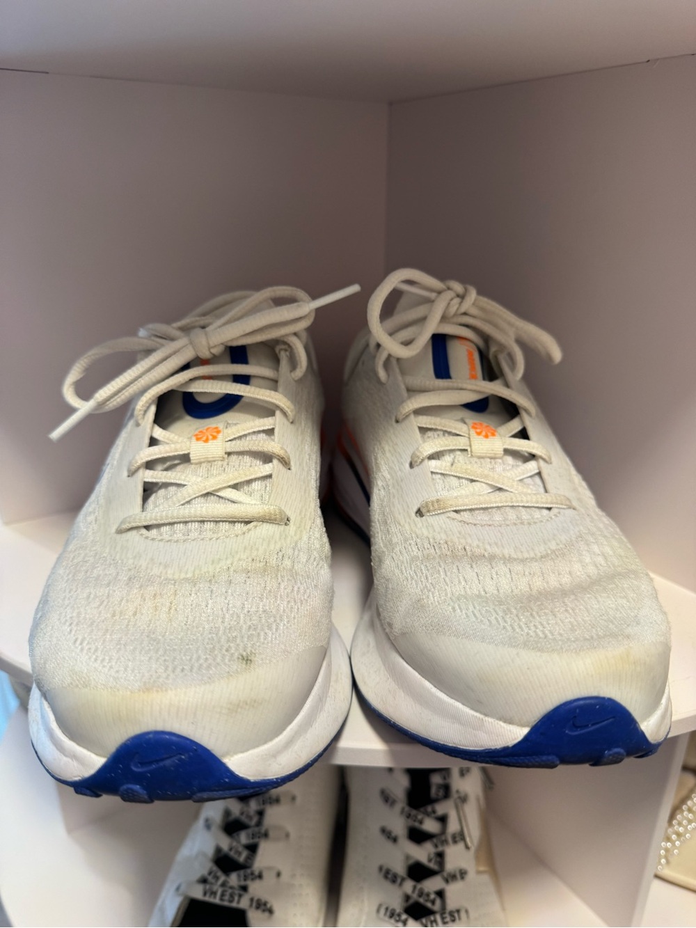 Nike White Sneakers with Blue Swoosh and Orange Heel - Picture 5 of 6
